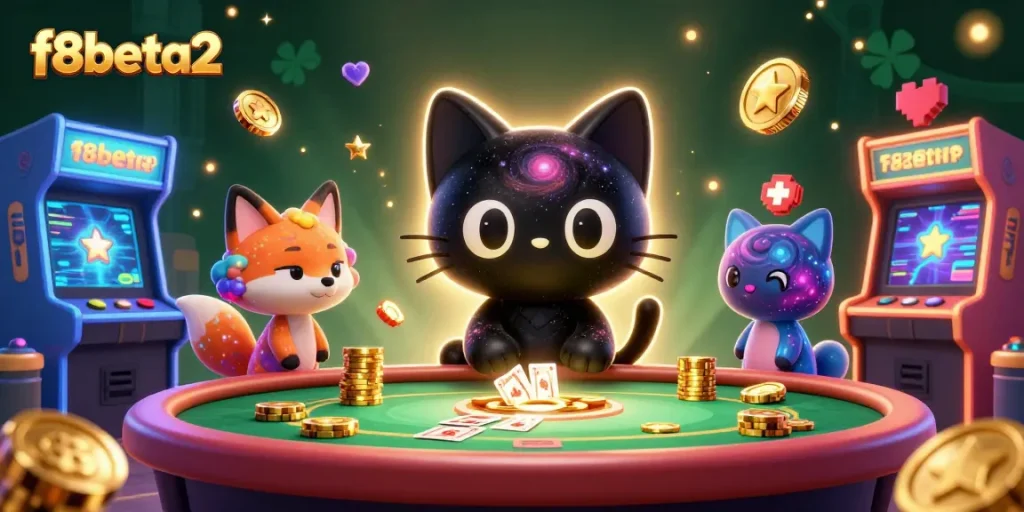 Experience thrilling games with f8beta2 at a cosmic casino table, featuring 3D cartoon characters.