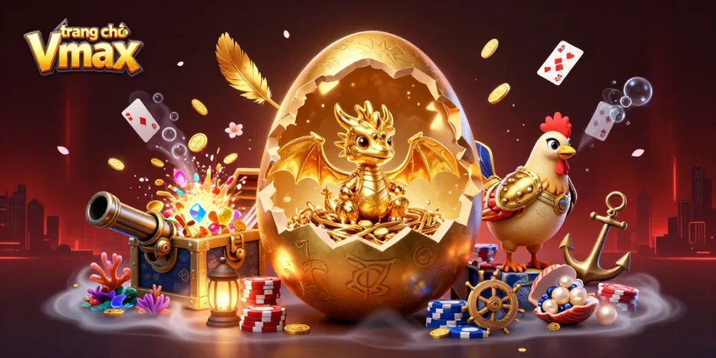 Experience the thrill of gaming at trang chủ Vmax, where a golden baby dragon awaits amid chips and treasure.