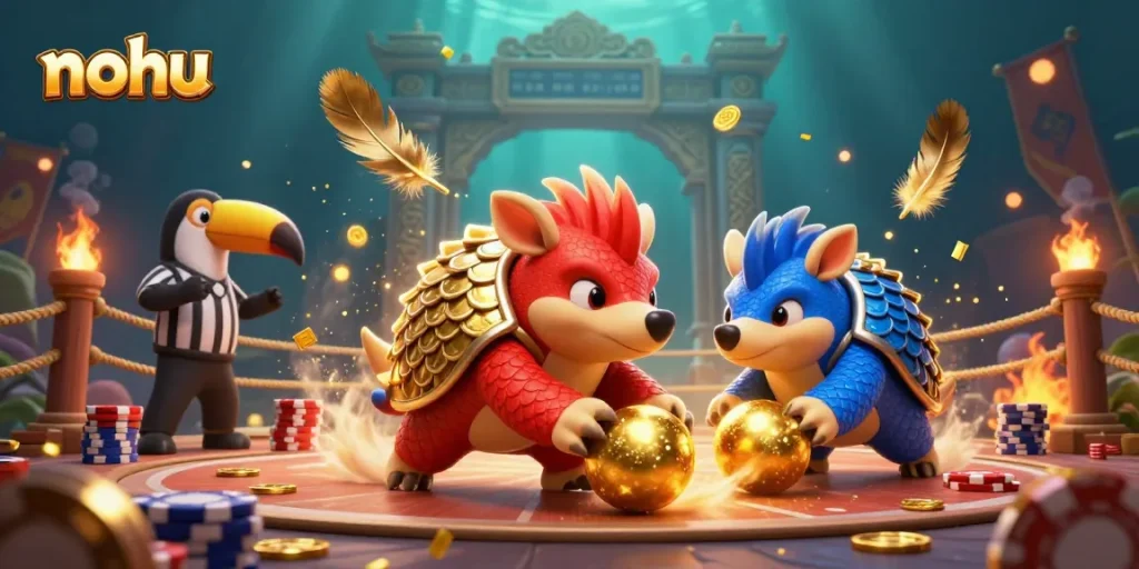 Nohu pangolins compete in a vibrant 3D casino scene filled with poker chips and confetti.