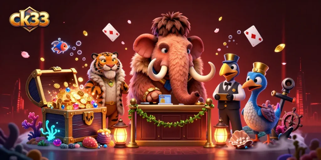 Experience ck33 with a vibrant casino scene featuring a mammoth bouncer, saber-tooth tiger, and dodo doorman.