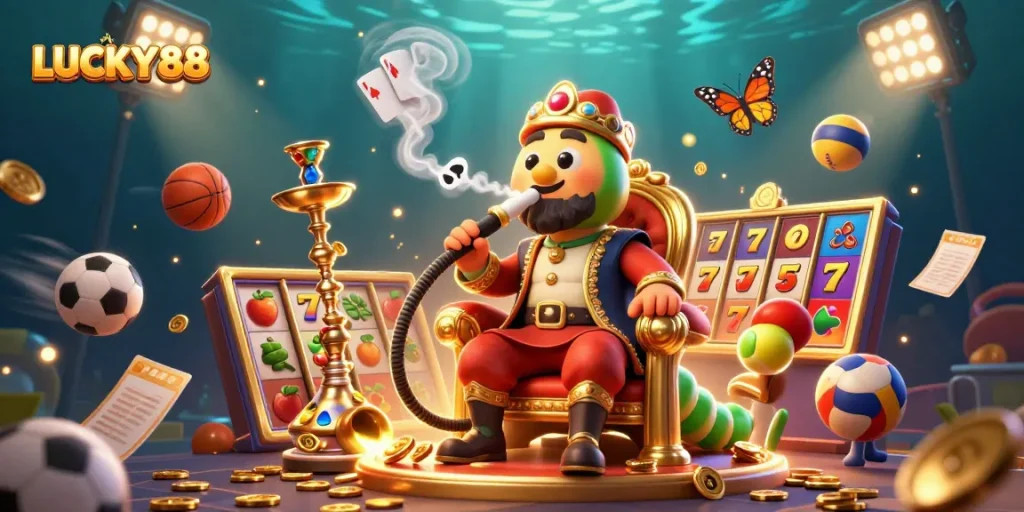 Experience the thrill of LUCKY88 with dynamic slots and casino elements in this vibrant 3D illustration.