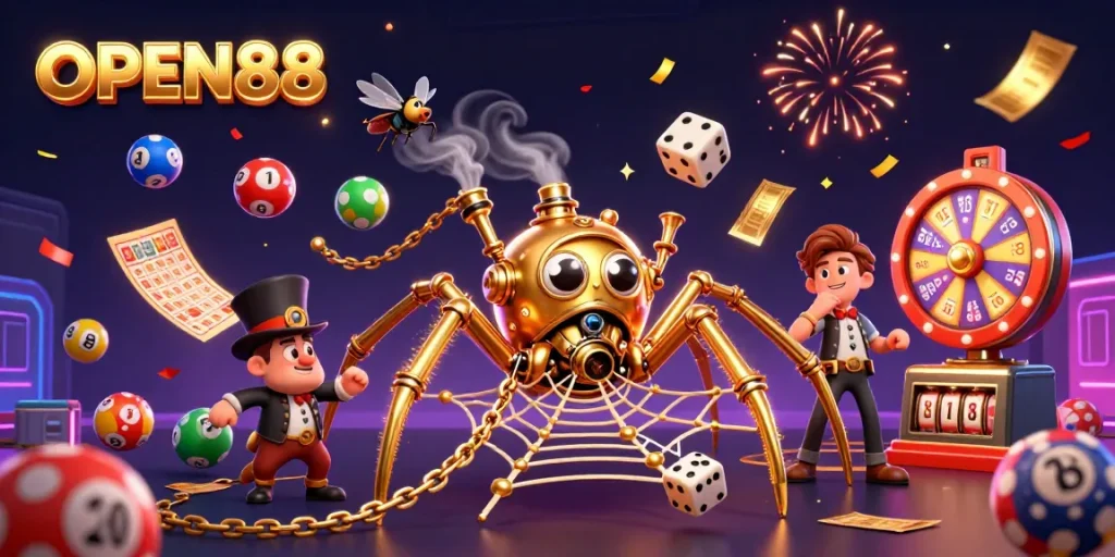 Experience thrilling excitement at OPEN88 as a steampunk spider weaves golden chains amid festive gambling elements.