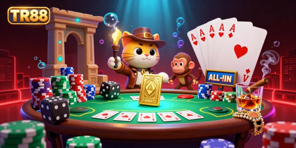 Engage with TR88's thrilling gaming universe, where an explorer cat uncovers treasures in a vibrant casino artifact temple.