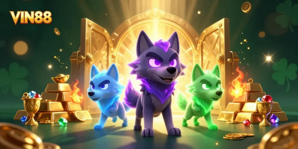 Experience the thrill of VIN88 with vibrant casino elements and dynamic wolf characters.