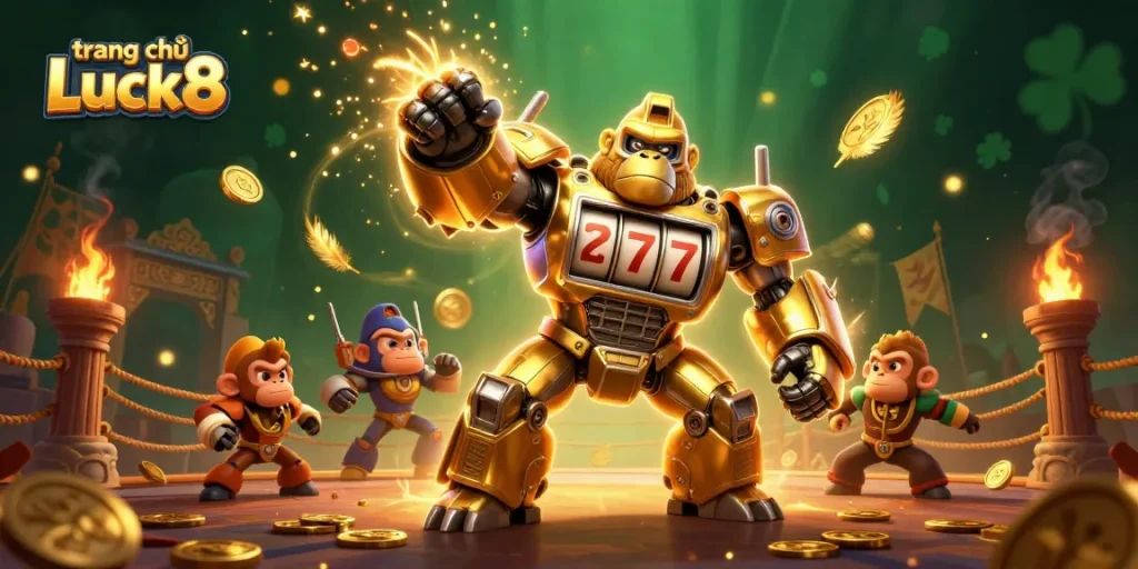 Engage with the dynamic action at trang chủ Luck8, featuring a vibrant gorilla mech and slot elements in an exciting casino scene.