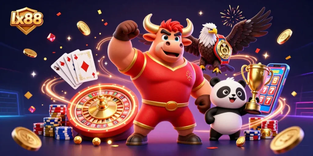 Experience thrilling gaming at lx88 with a victorious bull mascot, eagle champion, and joyful panda trophy holder.
