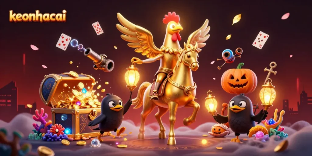 Experience keonhacai as a dynamic gambling paradise with golden rooster and rich casino elements.