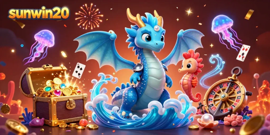 Experience the excitement of sunwin20 with the azure dragon and seahorse knight amidst vibrant casino elements.