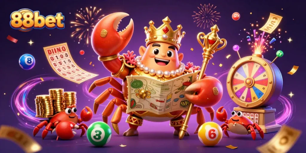 Engage with 88bet's vibrant lottery scene featuring a crab emperor amidst dynamic gaming elements.