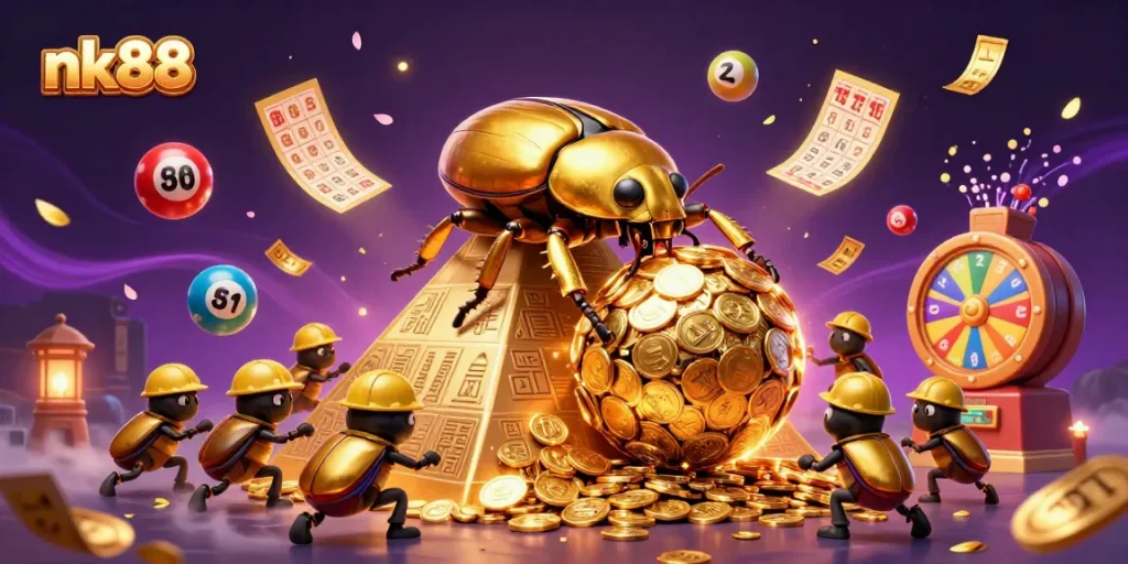 Engage in exciting gambling at nk88 with a golden beetle rolling coins surrounded by lottery elements.