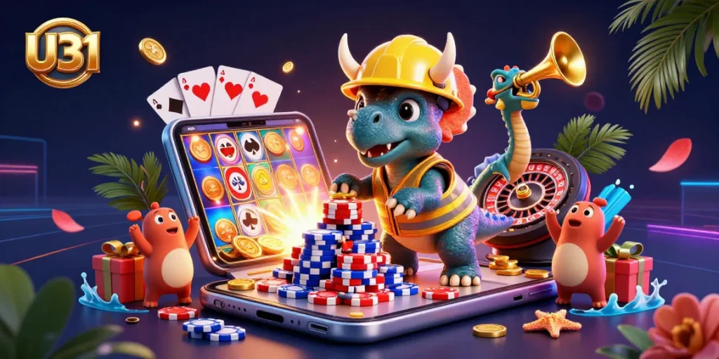 U31 players celebrate wins as a triceratops builds poker chip pyramids in a vibrant casino scene.